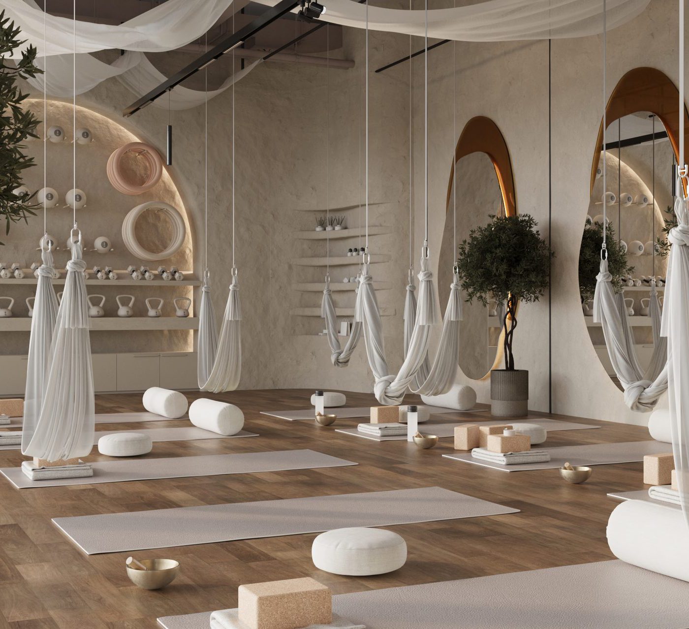 الصفحة الرئيسية 2 InnerGlow yoga studio at InnerG Studios — aerial hammocks and warm natural light